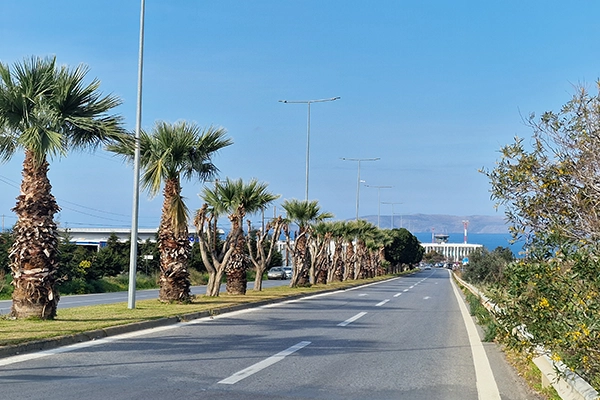 Entrada de alquiler de coches del aeropuerto de Heraklion con palmeras en Creta