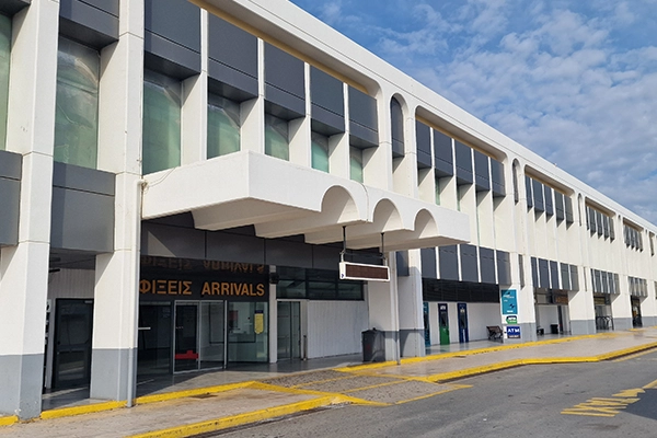 car rental pickup outside Heraklion Airport departure hall